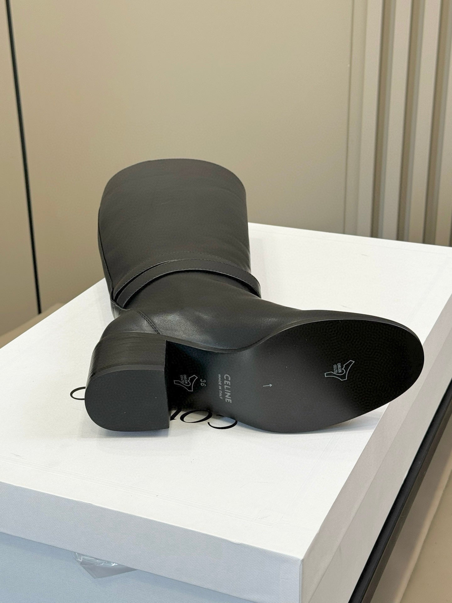 CELINE 26S HIGH-TOP HEELED BOOTS IN BLACK CALFSKIN