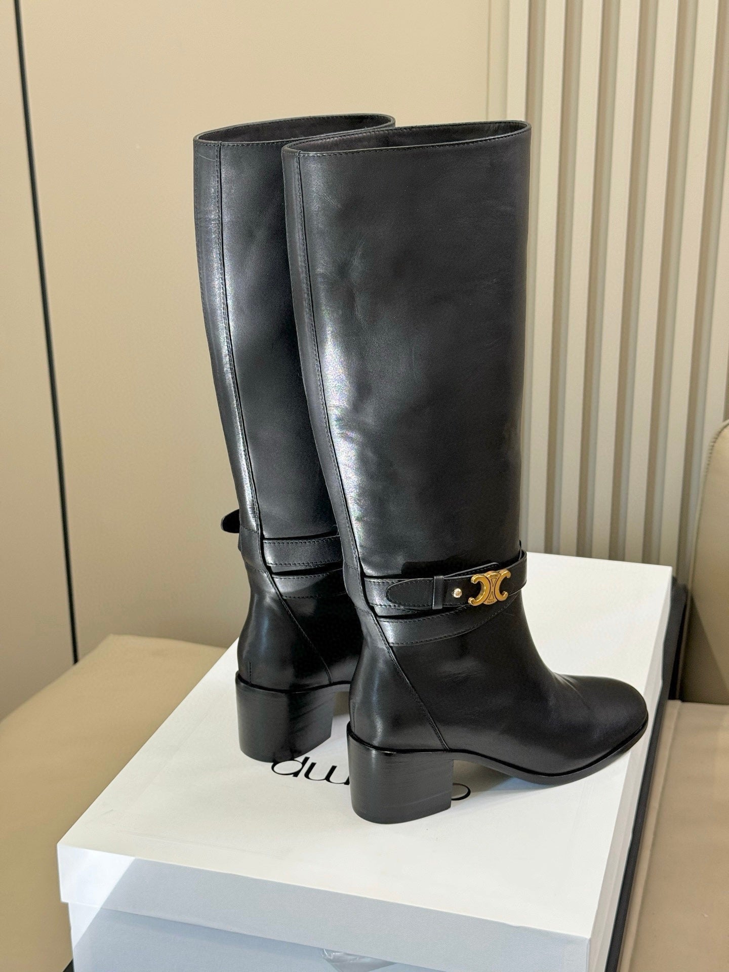 CELINE 26S HIGH-TOP HEELED BOOTS IN BLACK CALFSKIN