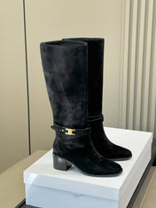 CELINE 26S HIGH-TOP BOOTS IN BLACK SUEDE WITH GOLD HARDWARE