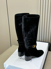 CELINE 26S HIGH-TOP BOOTS IN BLACK SUEDE WITH GOLD HARDWARE