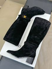 CELINE 26S HIGH-TOP BOOTS IN BLACK SUEDE WITH GOLD HARDWARE