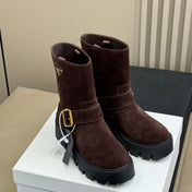 PRADA 25S PLATFORM ANKLE BOOTS IN DARK BROWN SUEDE WITH GOLD HARDWARE