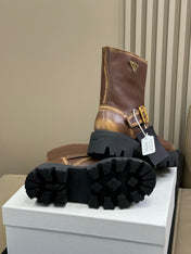 PRADA 25S PLATFORM ANKLE BOOTS IN DARK BROWN CALFSKIN WITH GOLD HARDWARE
