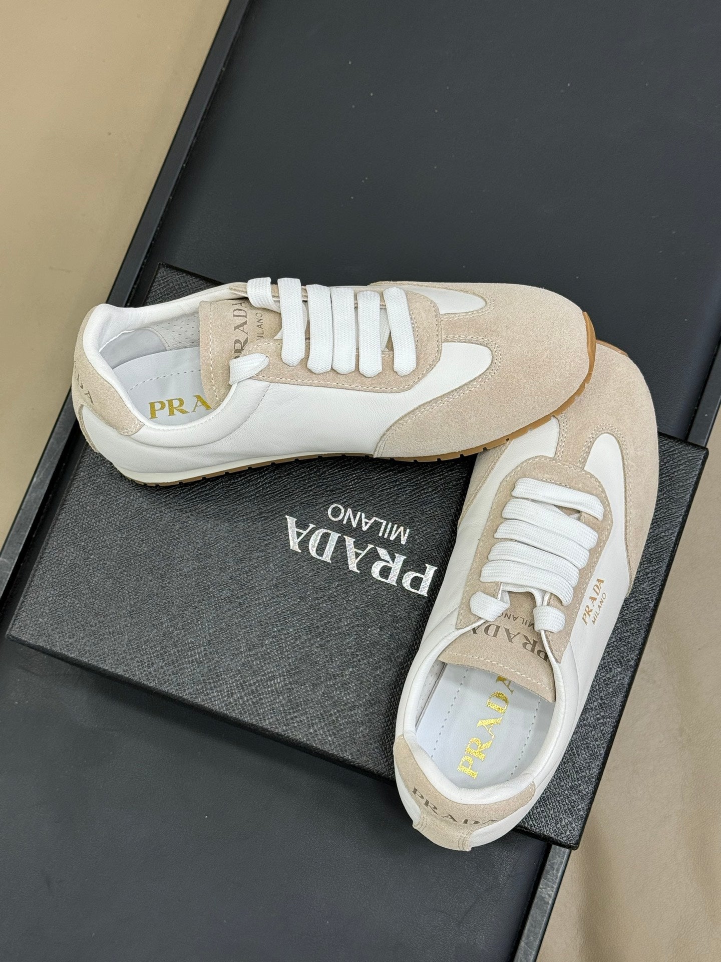 PRADA 25S SNEAKER IN WHITE MIX BEIGE SUEDE STYLE 5