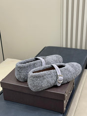 ALAIA 25S COZY MARY JANE SHEARLING FLATS IN DARK GRAY