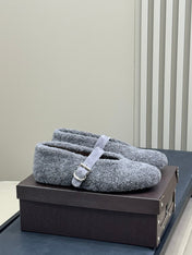 ALAIA 25S COZY MARY JANE SHEARLING FLATS IN DARK GRAY