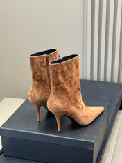 YSL 26S ZIPPERED HEELED BOOTS IN LIGHT BROWN SUEDE