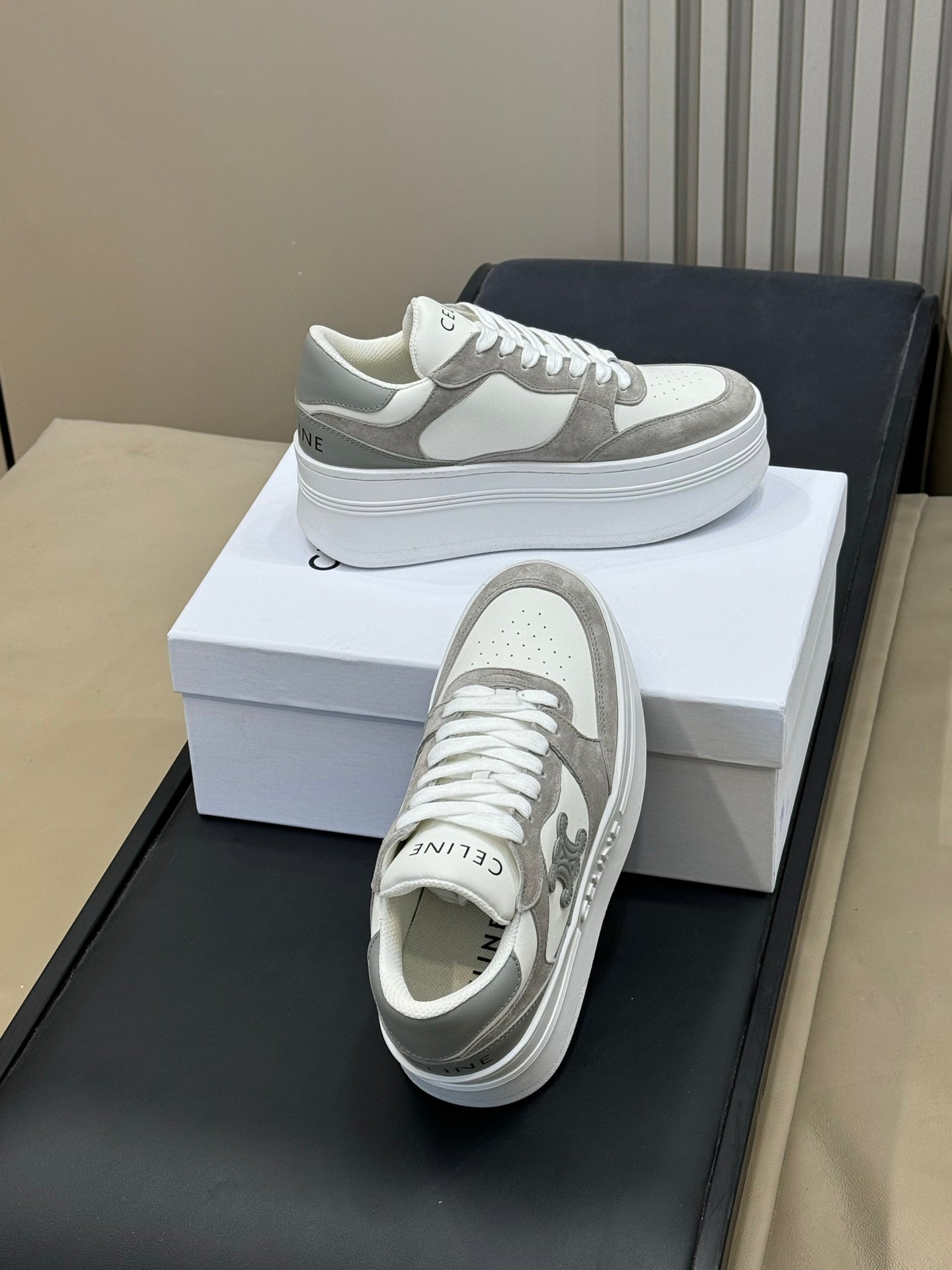 CELINE 26S WEDGE SNEAKERS IN WHITE CALFSKIN AND GREY SUEDE