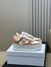 CELINE 26S WEDGE SNEAKERS IN WHITE CALFSKIN AND CARAMEL SUEDE