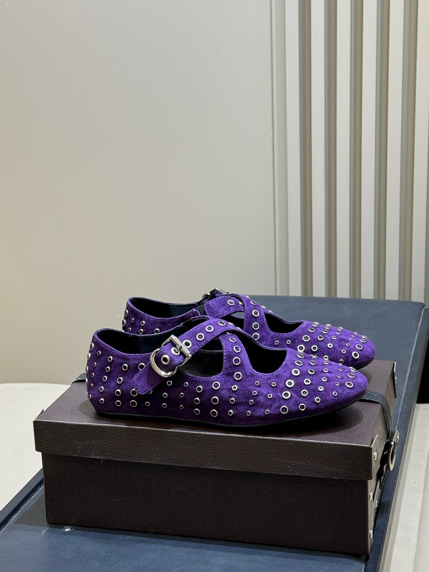 ALAIA 26S CROSS-STRAP FLATS IN PURPLE SUEDE WITH SILVER HARDWARE