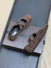 ALAIA 26S CROSS-STRAP FLATS IN DARK BROWN SUEDE WITH SILVER HARDWARE