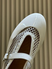 ALAIA 26S MARY JANE BALLET FLATS IN WHITE MESH AND GLOSSY CALFSKIN