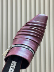 ALAIA 26S PLEATED MULES IN DARK RED LAMBSKIN