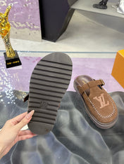 LV 26S MULE SLIDES IN DARK BROWN SUEDE BUCKLE STRAP