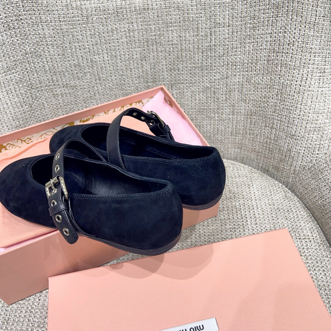 MIUMIU 26S MARY JANE FLATS IN BLACK SUEDE WITH BLACK BUCKLE STRAP