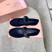 MIUMIU 26S MARY JANE FLATS IN BLACK SUEDE WITH BLACK BUCKLE STRAP