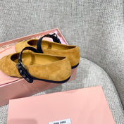 MIUMIU 26S MARY JANE FLATS IN GOLD BROWN SUEDE WITH BLACK BUCKLE STRAP
