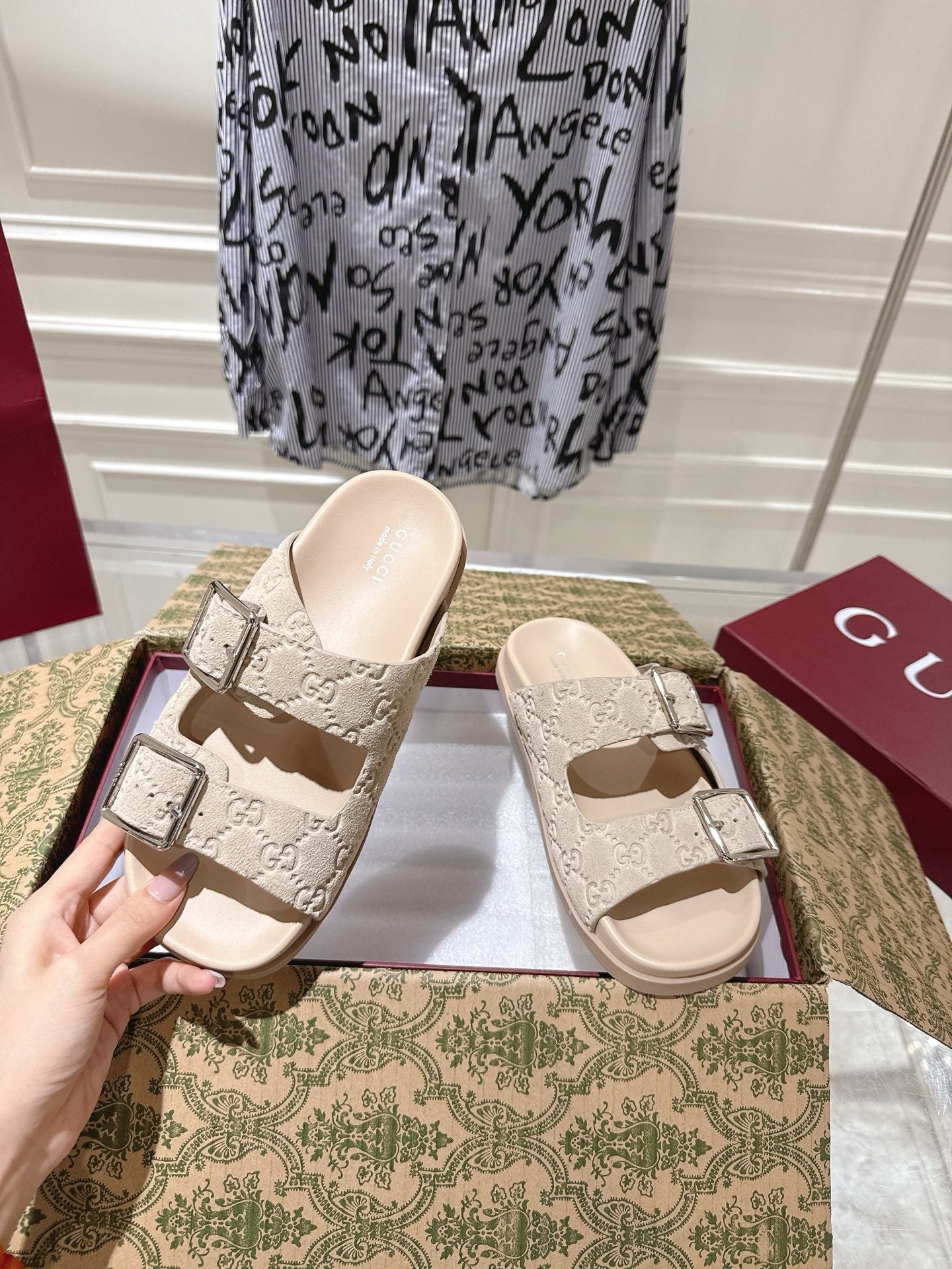 SANDALS IN NUDE BEIGE SUEDE EMBOSSED LOGO SILVER HARDWARE