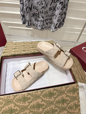 SANDALS IN NUDE BEIGE SUEDE EMBOSSED LOGO SILVER HARDWARE