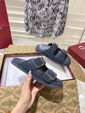 SANDALS IN NAVY BLUE SUEDE EMBOSSED LOGO SILVER HARDWARE