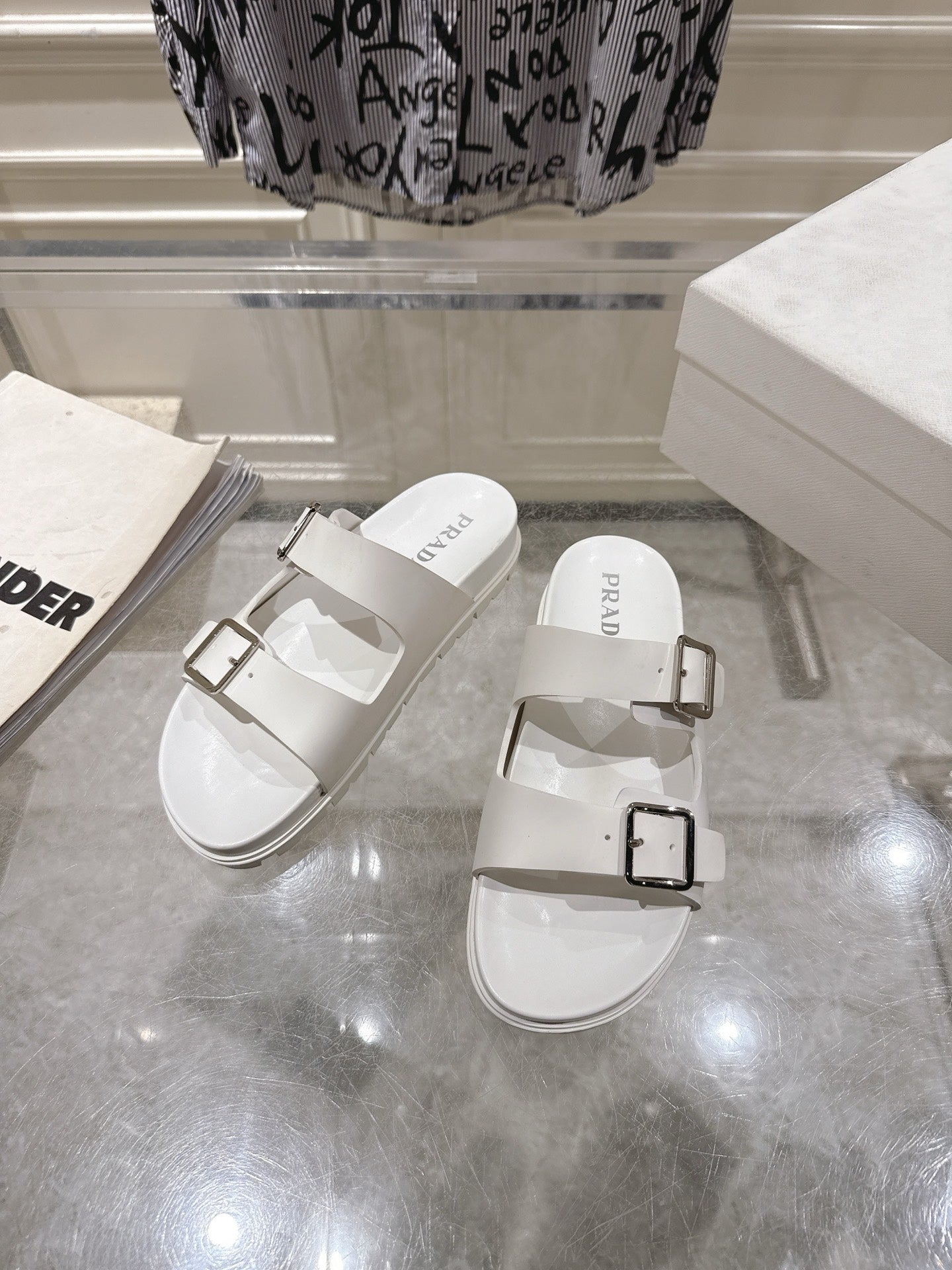 PRADA 26S SLIDES SANDALS IN WHITE CALFSKIN SILVER HARDWARE