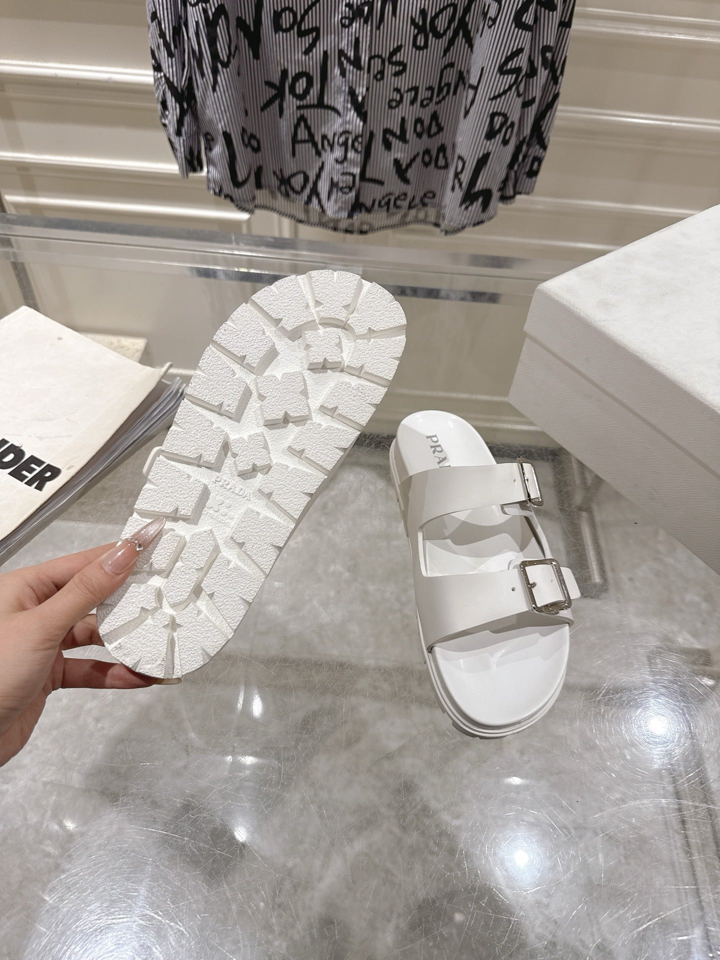 PRADA 26S SLIDES SANDALS IN WHITE CALFSKIN SILVER HARDWARE