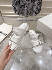 PRADA 26S SLIDES SANDALS IN WHITE CALFSKIN SILVER HARDWARE