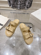 PRADA 26S SLIDES SANDALS IN BEIGE CALFSKIN SILVER HARDWARE