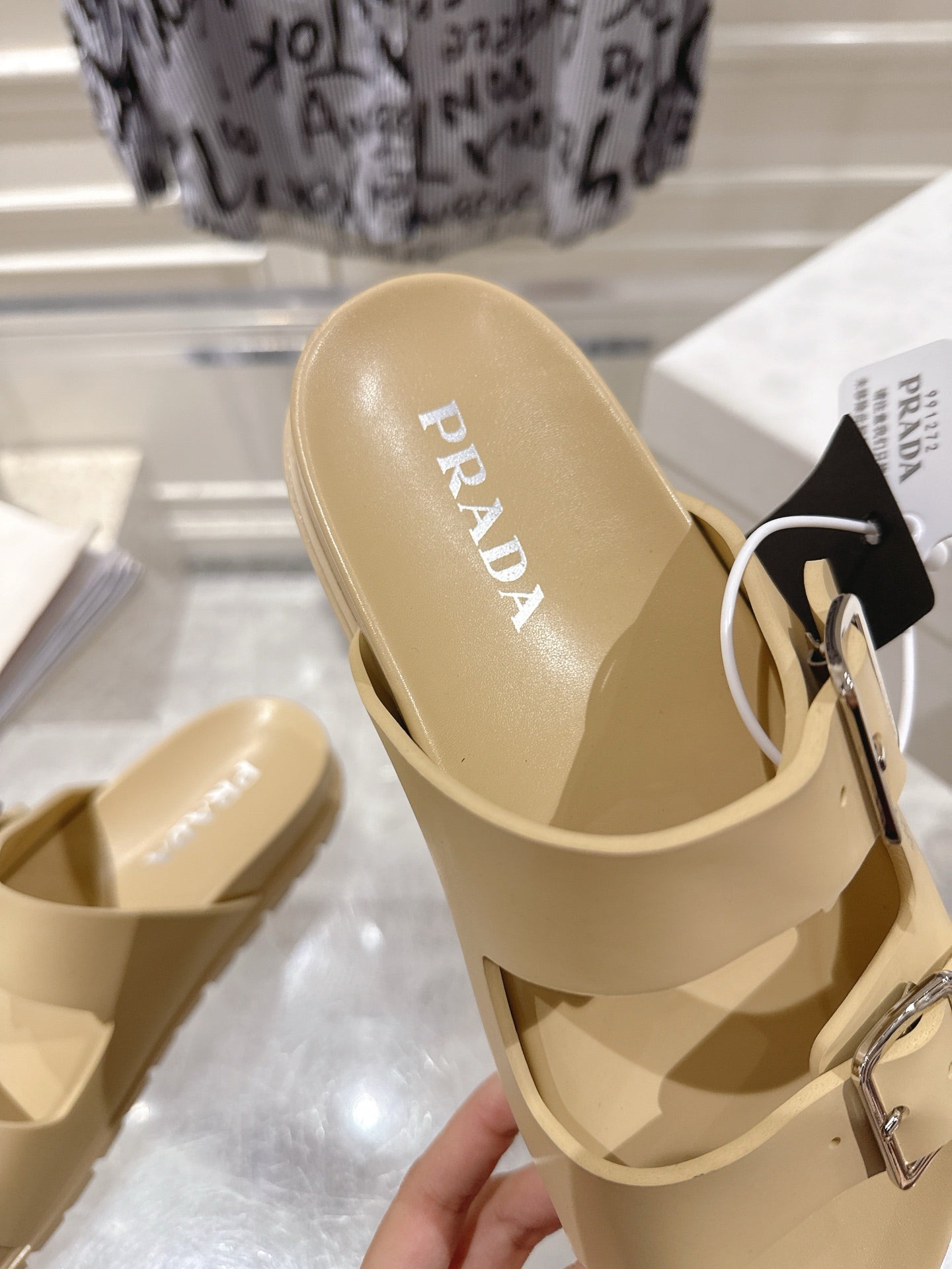 PRADA 26S SLIDES SANDALS IN BEIGE CALFSKIN SILVER HARDWARE
