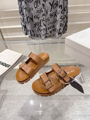 PRADA 26S SLIDES SANDALS IN CARAMEL BROWN CALFSKIN SILVER HARDWARE