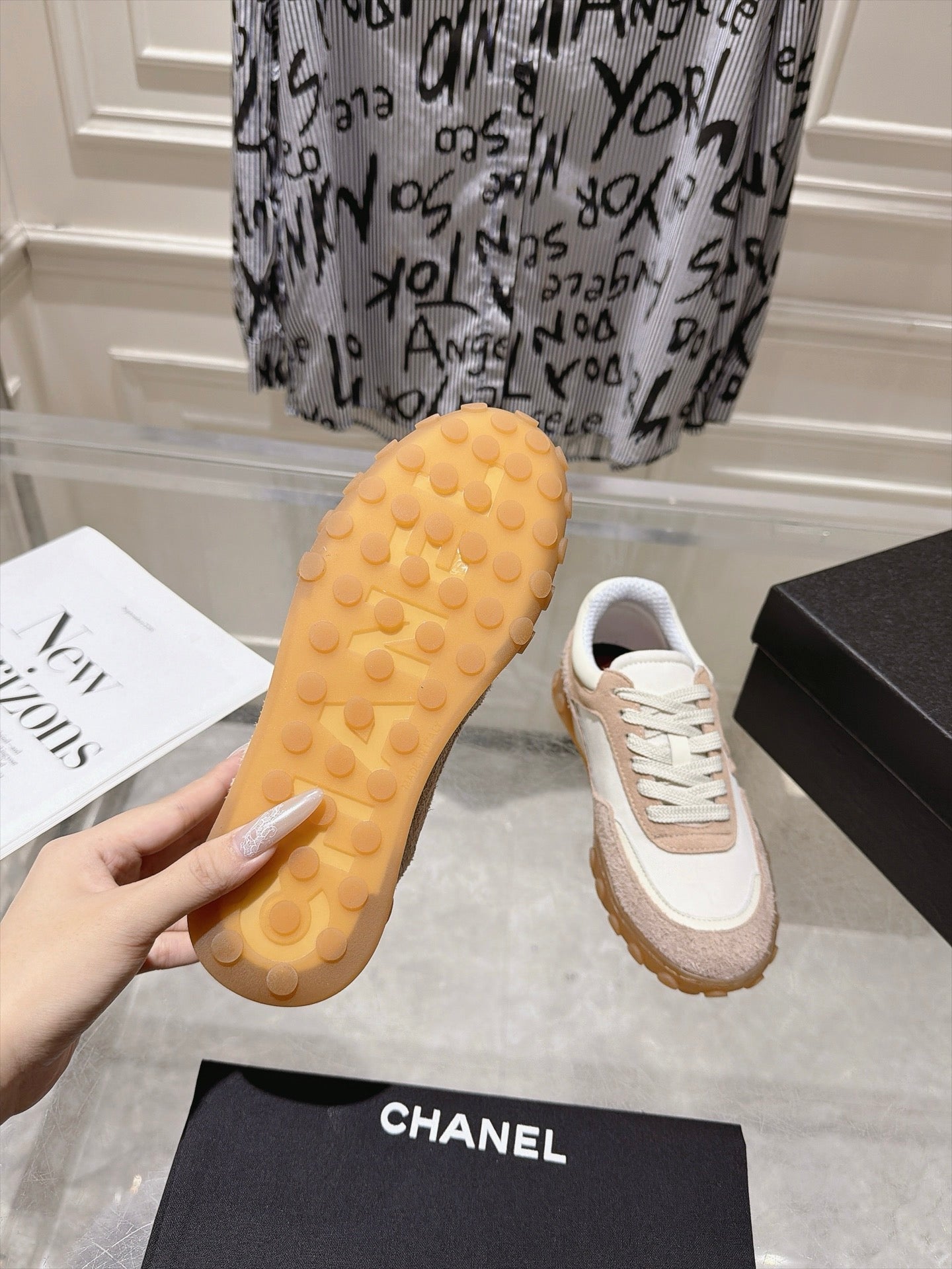 CHANEL 26S LACE UP SNEAKERS IN BEIGE SUEDE  AND WHITE FABRIC ROUND TOE