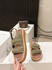 CELINE 25S TIPPI TRIOMPHE SANDAL IN DARK OLIVE CALFSKIN SUEDE