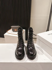 CELINE 25S HIGH HEELED LACE UP BOOTS 50MM IN BLACK CALFSKIN
