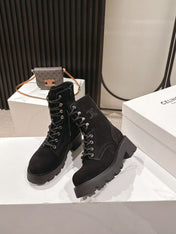 CELINE 25S HIGH HEELED LACE UP BOOTS 50MM IN BLACK SUEDE