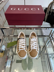 GG TENNIS SNEAKER IN CAMEL BROWN CANVAS WITH BEIGE FLEECE LINING