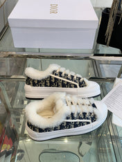 ALK'N PLATFORM SNEAKER CAMEL BROWN COTTON EMBROIDERED WITH OBLIQUE MOTIF AND WHITE SHEARLING