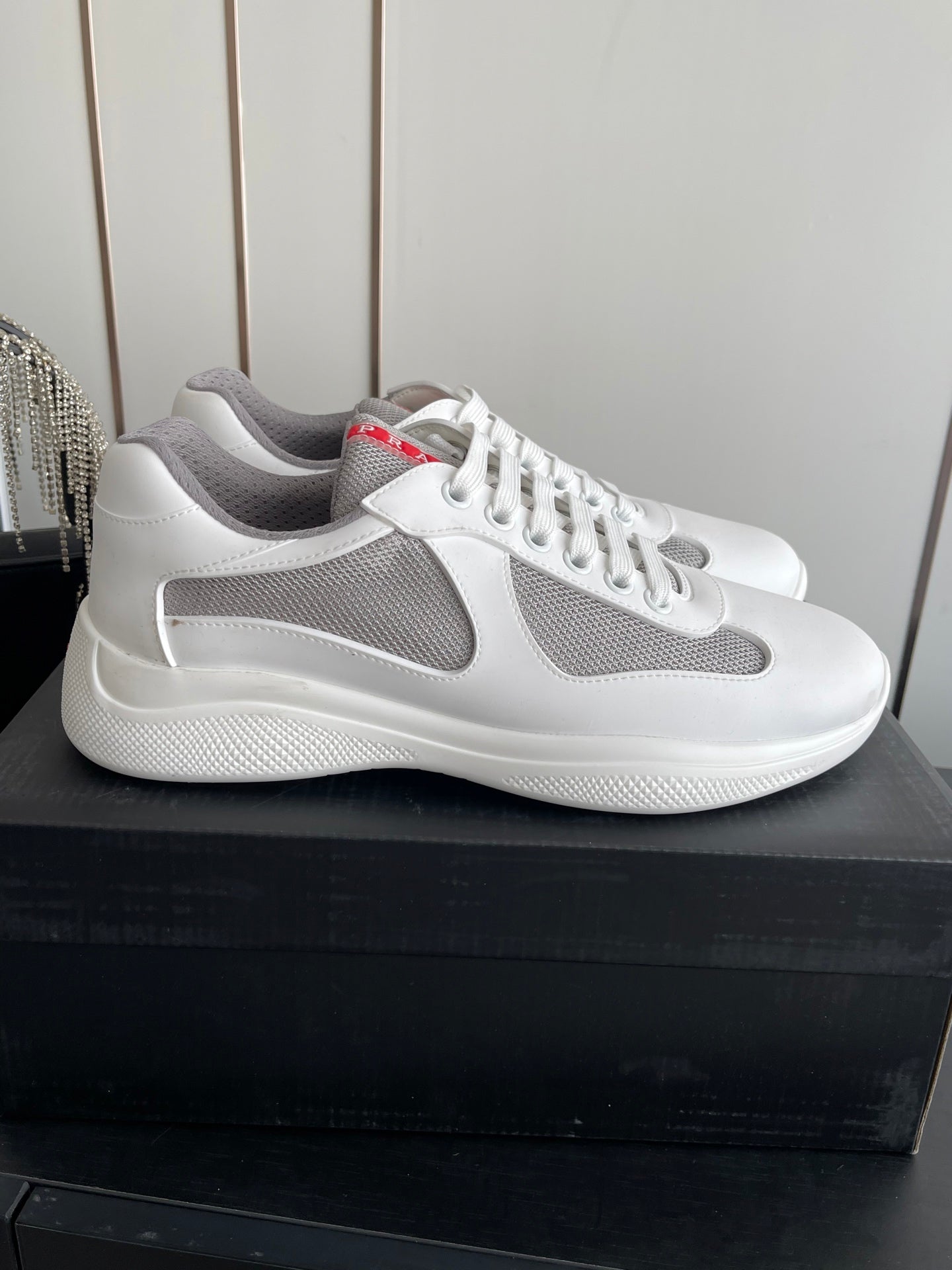 PRADA 26S AMERICA CUP SNEAKERS IN WHITE SOFT RUBBER AND BIKE FABRIC