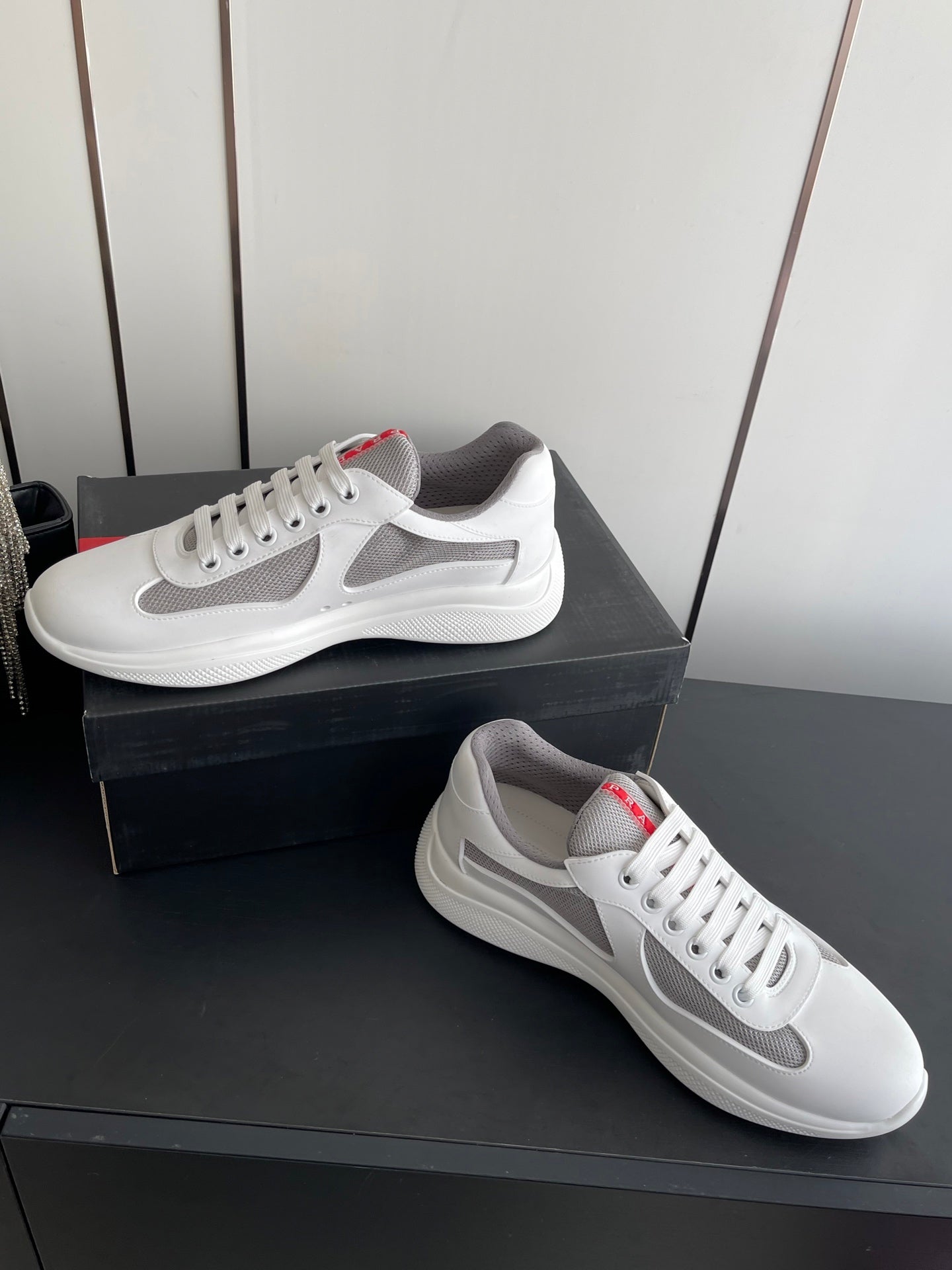 PRADA 26S AMERICA CUP SNEAKERS IN WHITE SOFT RUBBER AND BIKE FABRIC