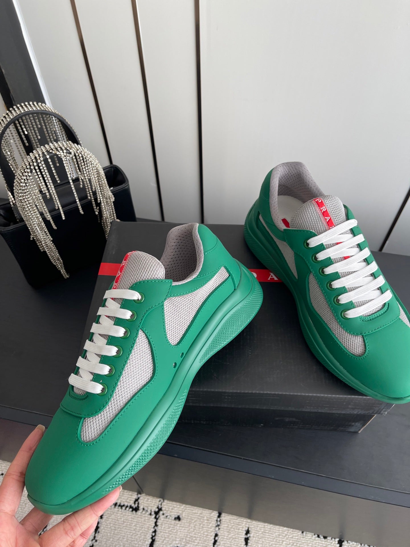 PRADA 26S AMERICA CUP SNEAKERS IN TEAL GREEN SOFT RUBBER AND BIKE FABRIC