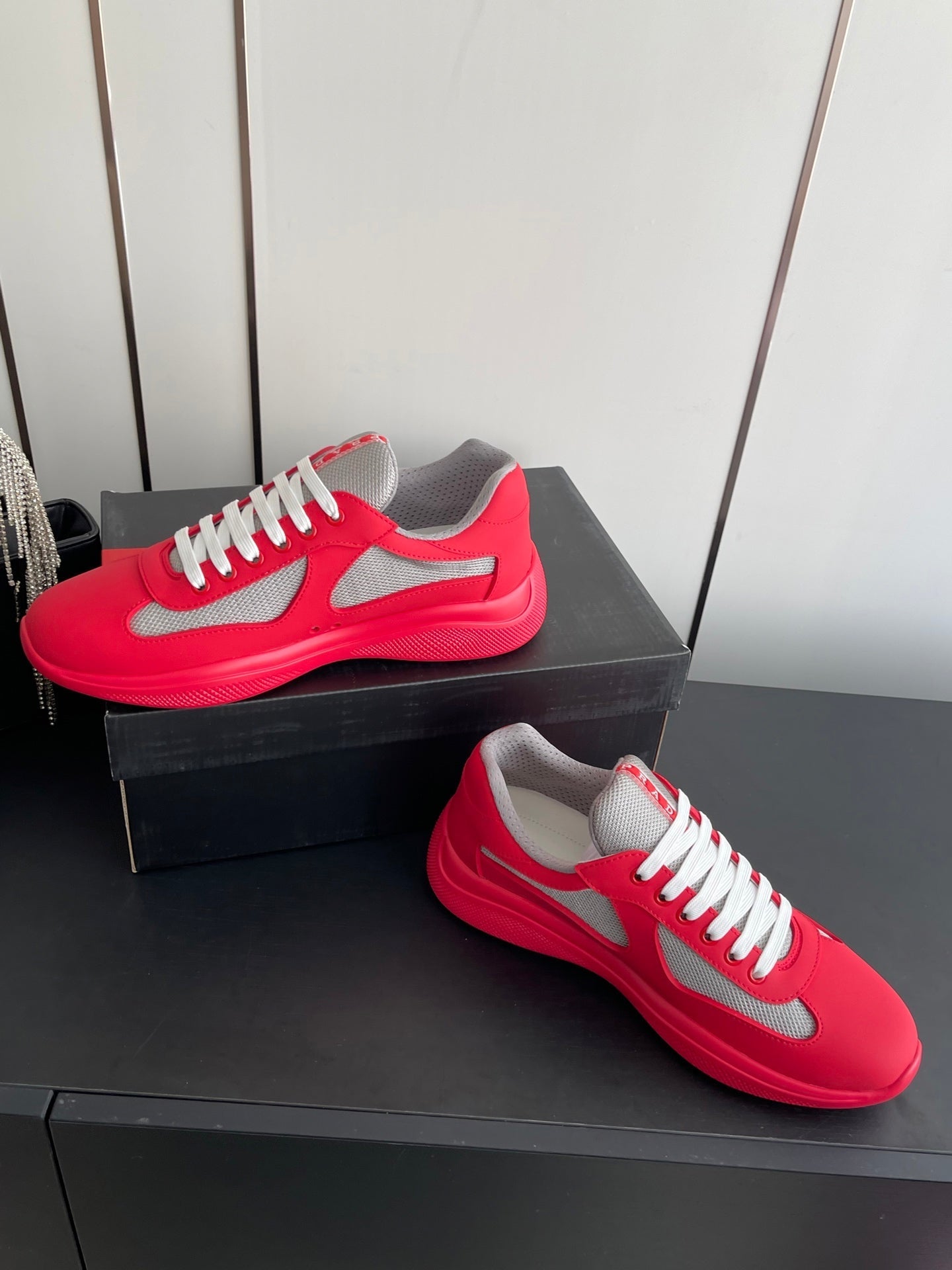 PRADA 26S AMERICA CUP SNEAKERS IN RED SOFT RUBBER AND BIKE FABRIC