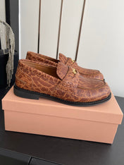 MIUMIU 26S PENNY LOAFERS IN BROWN COGNAC CALFSKIN CROCODILE EMBOSSING