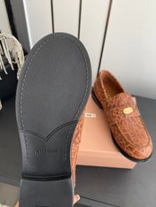 MIUMIU 26S PENNY LOAFERS IN BROWN COGNAC CALFSKIN CROCODILE EMBOSSING