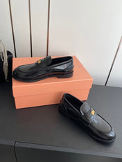 MIUMIU 26S PENNY LOAFERS IN BLACK GLOSSY CALFSKIN GOLD HARDWARE