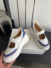CHLOE 26S MARY JANE SNEAKERS IN WHITE CALFSKIN AND BLUE SUEDE