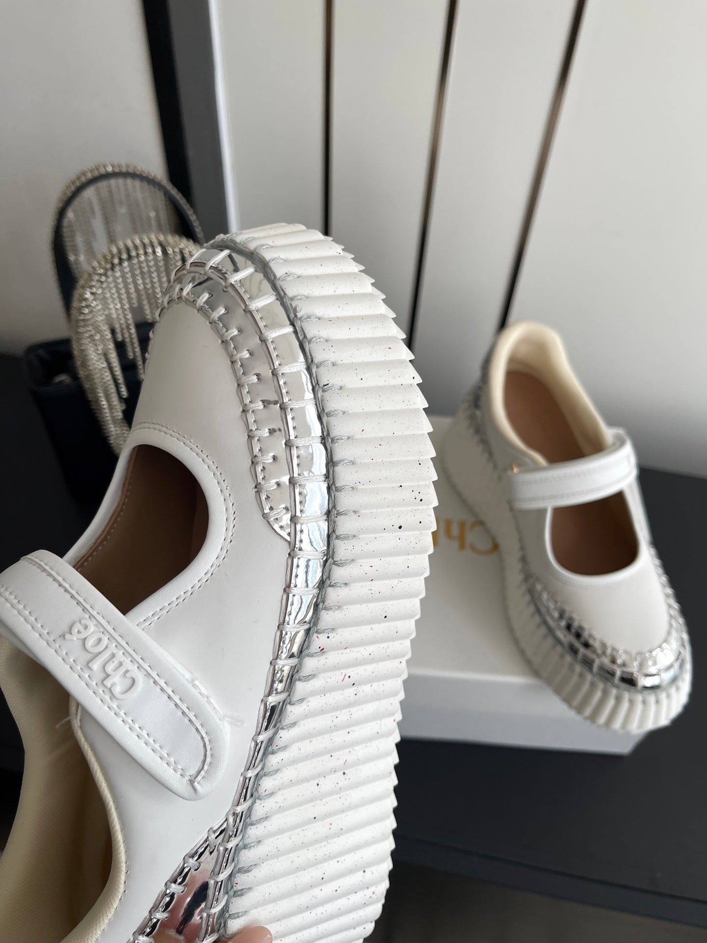 CHLOE 26S MARY JANE SNEAKERS IN WHITE AND SILVER CALFSKIN