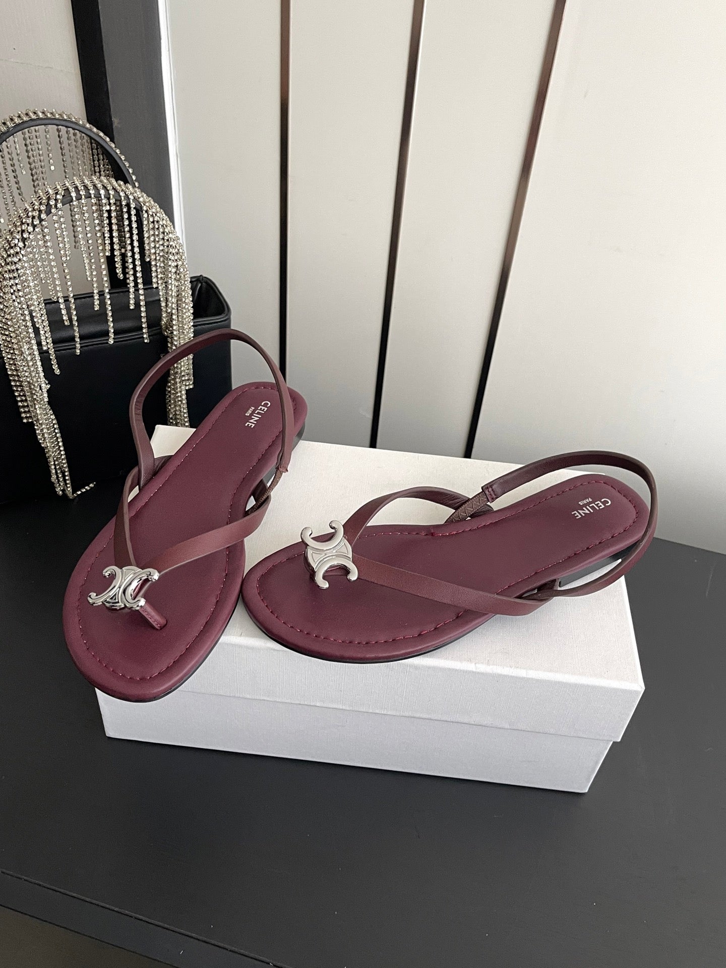CELINE 26S THONG SANDALS IN DARK RED CALFSKIN