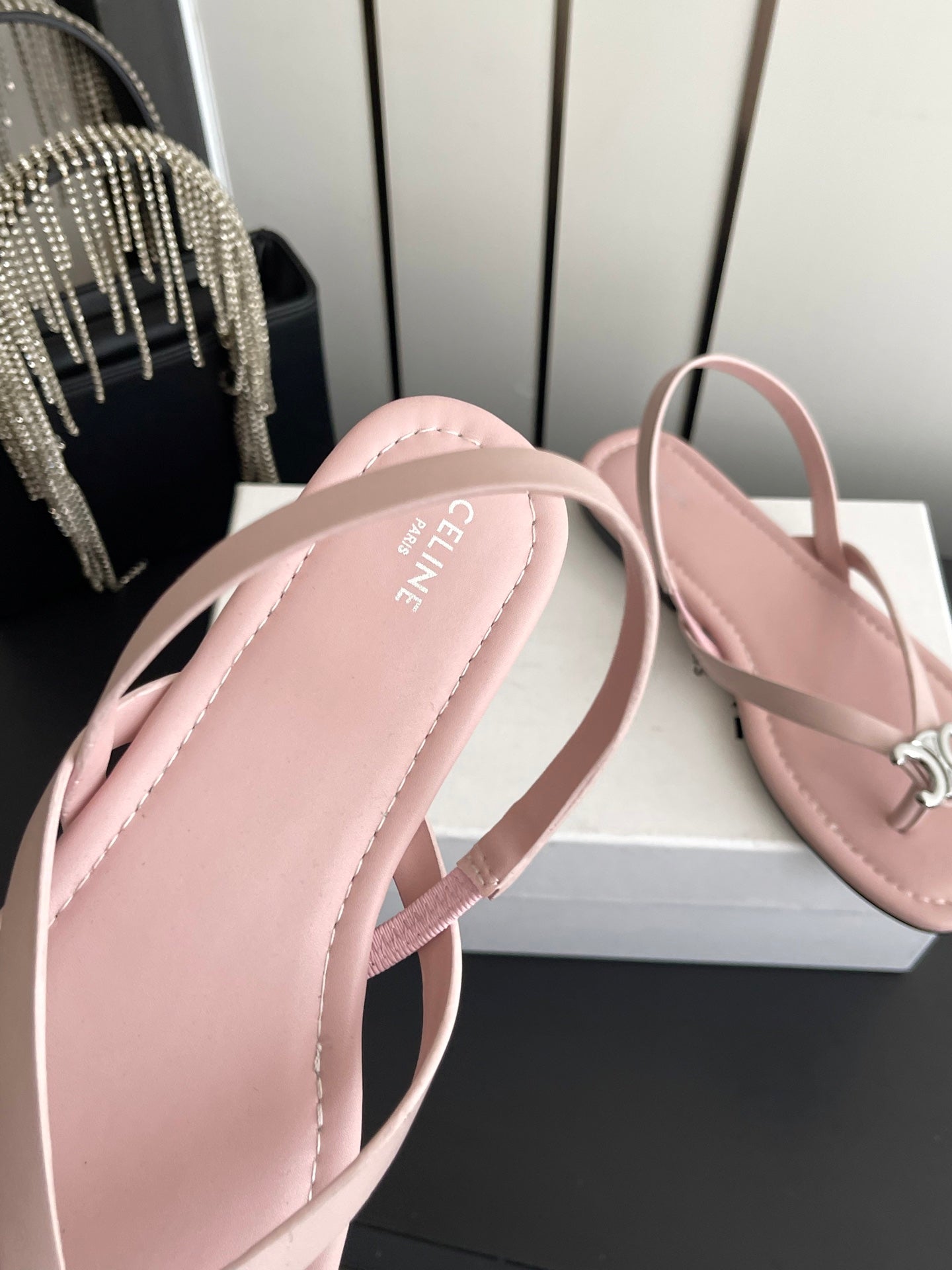 CELINE 26S THONG SANDALS IN LIGHT PINK CALFSKIN