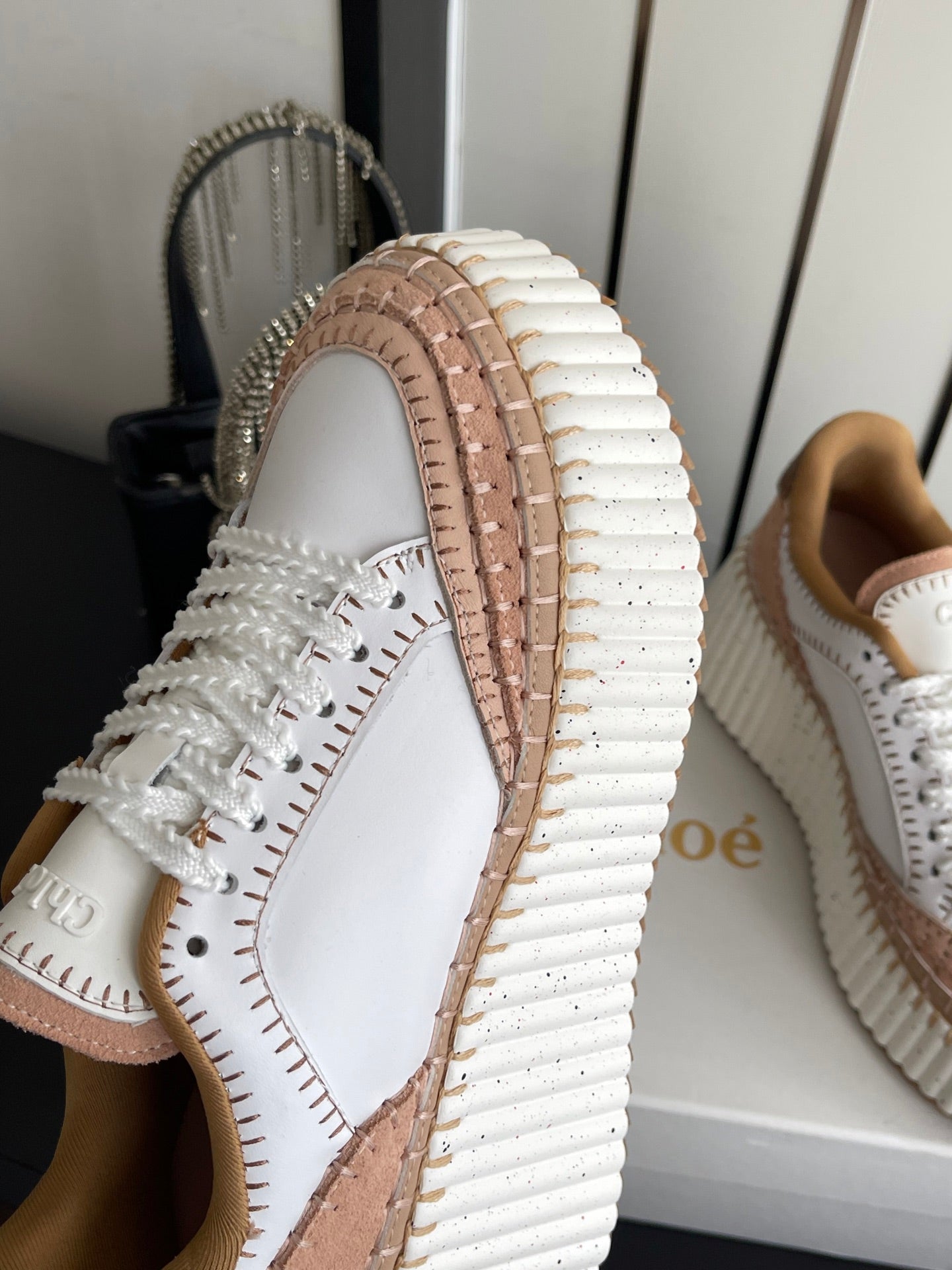 CHLOE 26S LACE-UP SNEAKERS IN WHITE MIX BEIGE CALFSKIN