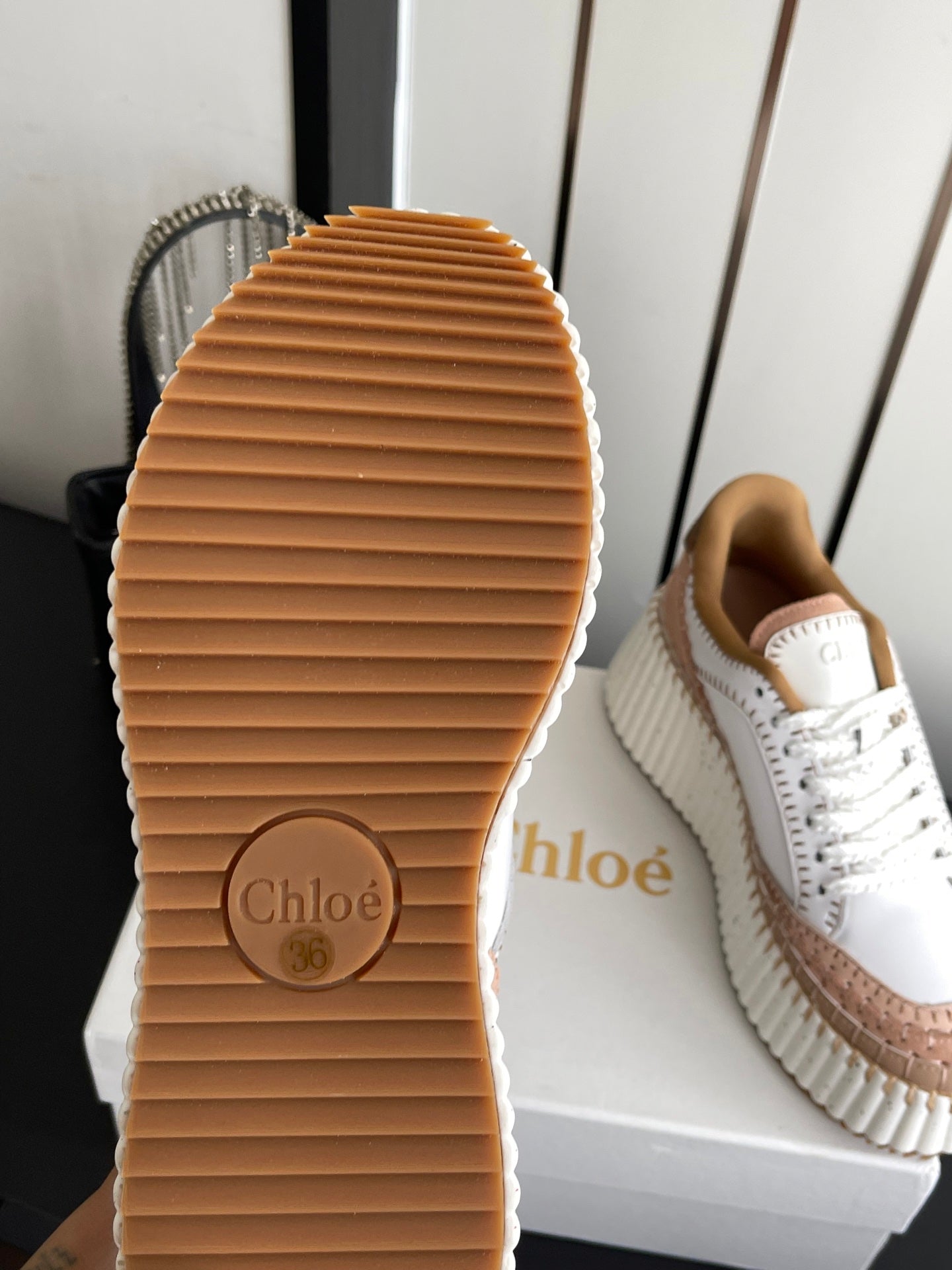 CHLOE 26S LACE-UP SNEAKERS IN WHITE MIX BEIGE CALFSKIN