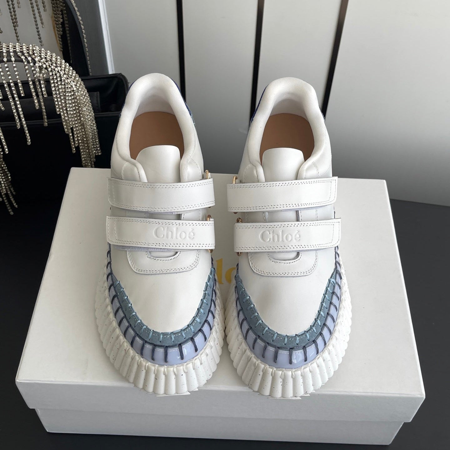 CHLOE 26S PLATFORM SNEAKERS IN WHITE AND LIGHT BLUE CALFSKIN
